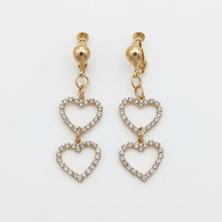 Gold Double Heart Drop Earrings with Crystal Stones
