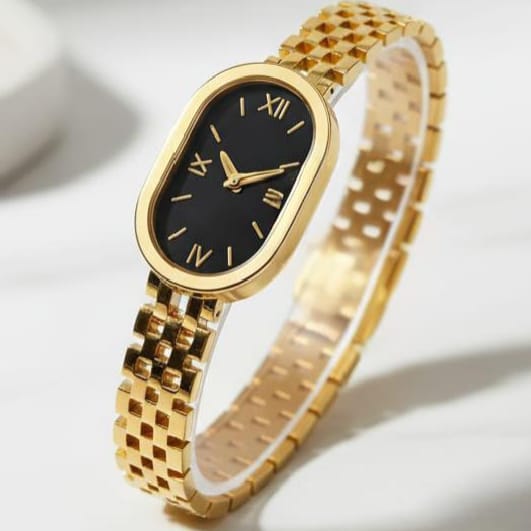 Gold Plated  Fake Watch Bracelet - Black Dial Roman Numerals