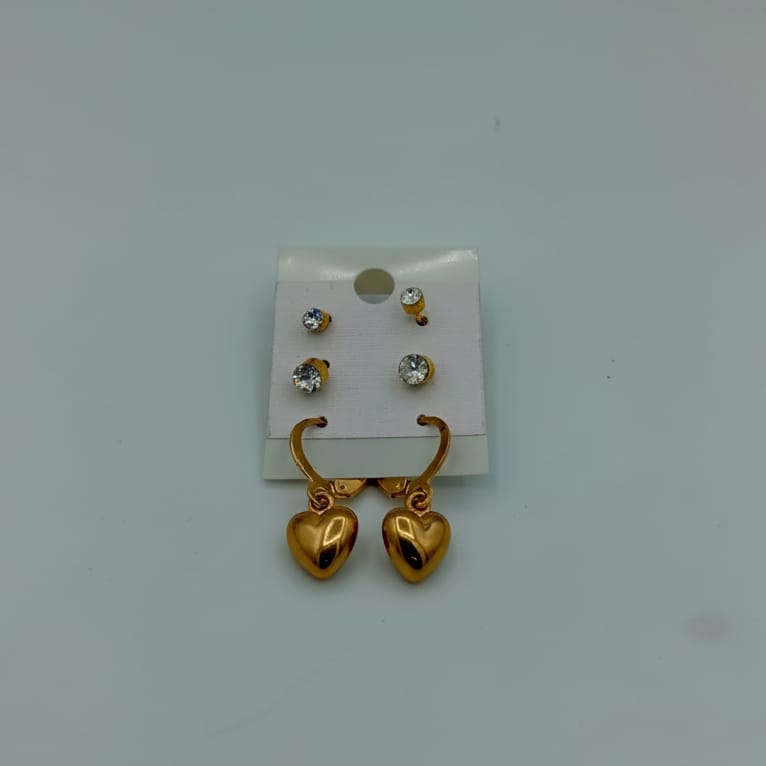 Gold Heart Hoop Earrings Set with Crystal Studs - 3 Pairs