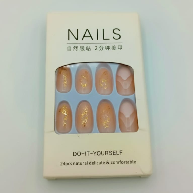 Nude Press-On Nails with Gold Glitter - 24 Pieces Natural & Comfortable