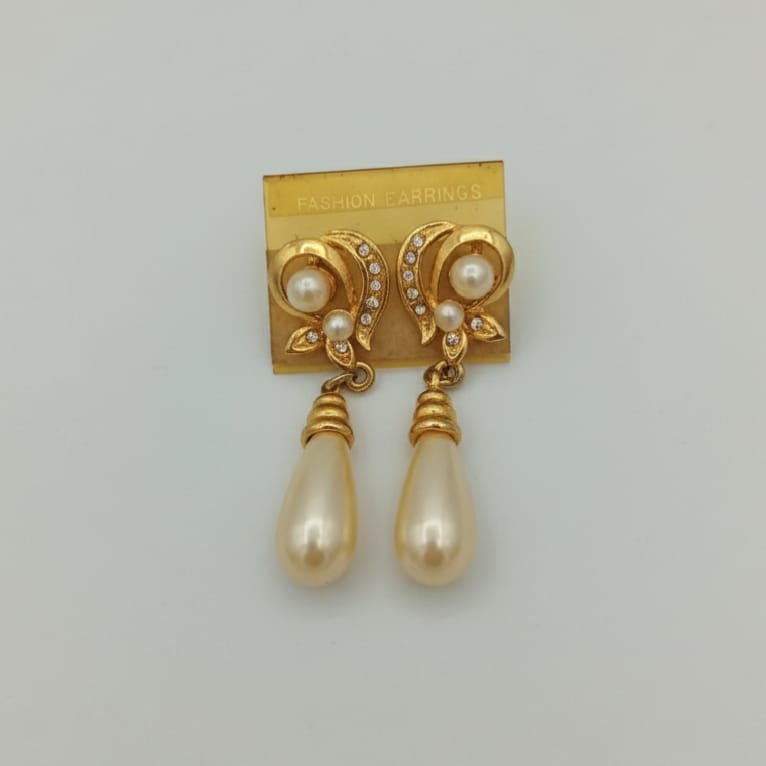 Gold Pearl Drop Earrings with Crystal Accents