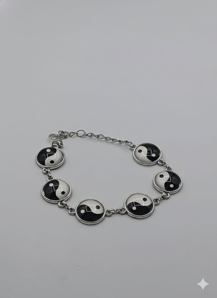 Silver Chain Link Bracelet with Black & White Charms