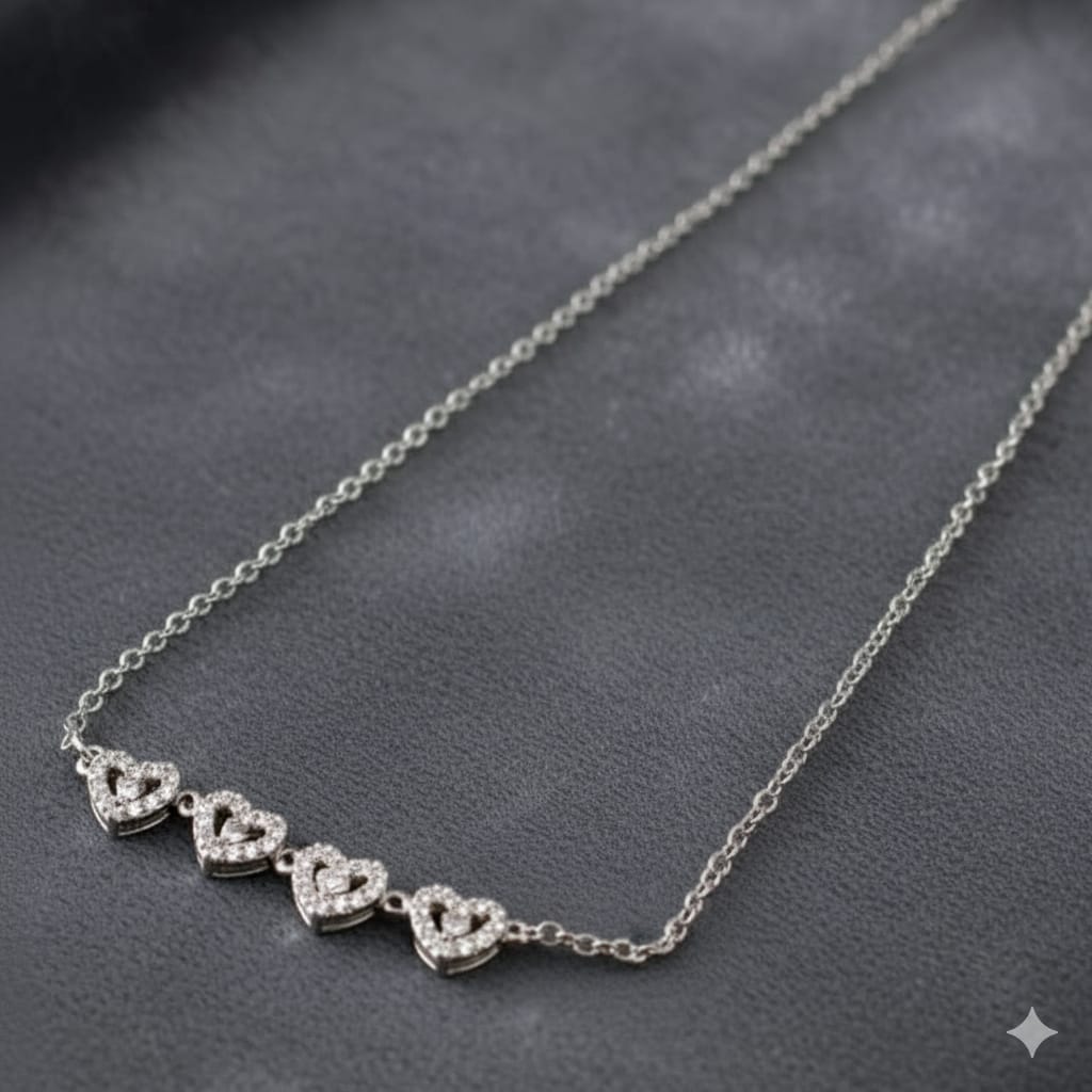 Silver Heart Necklace - Four Hearts with Crystal Stones