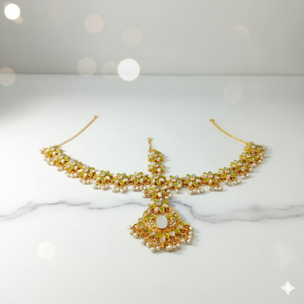 Elegant Pearl & Green Stone Matha Patti