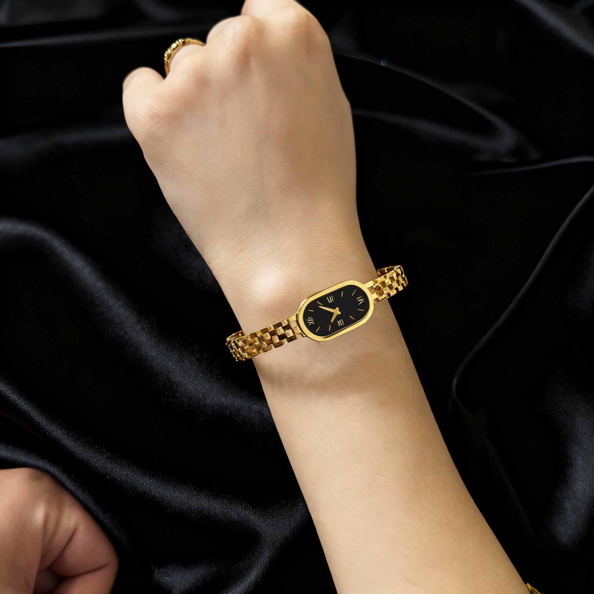 Gold Plated  Fake Watch Bracelet - Black Dial Roman Numerals