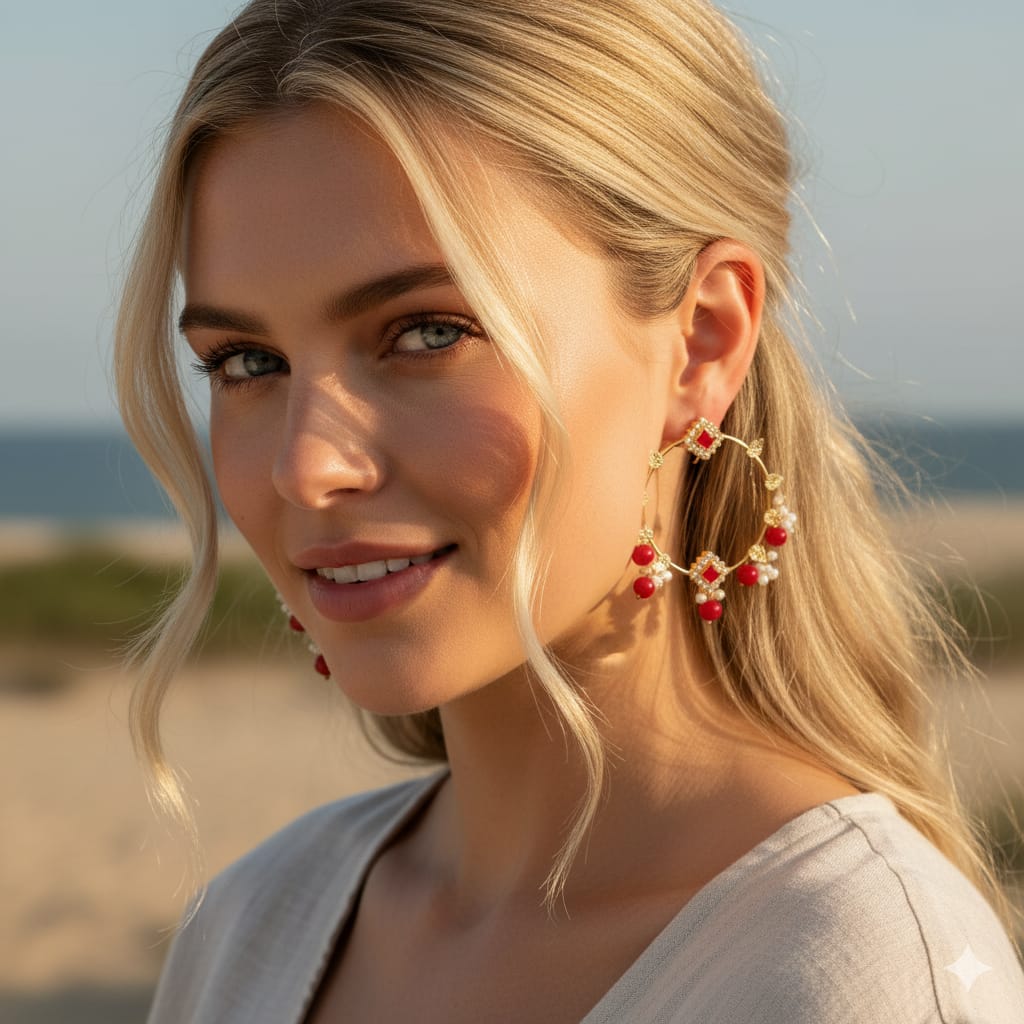 Gold Hoop Earrings with Red Beads and Pearls - Traditional Pakistani Jewelry