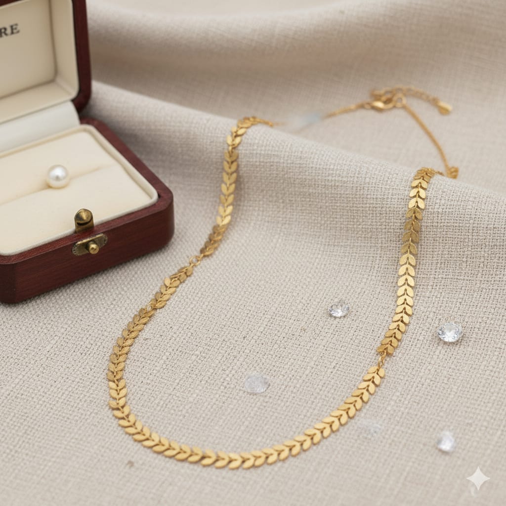 Gold Chevron Chain Necklace - Delicate Leaf Pattern Design