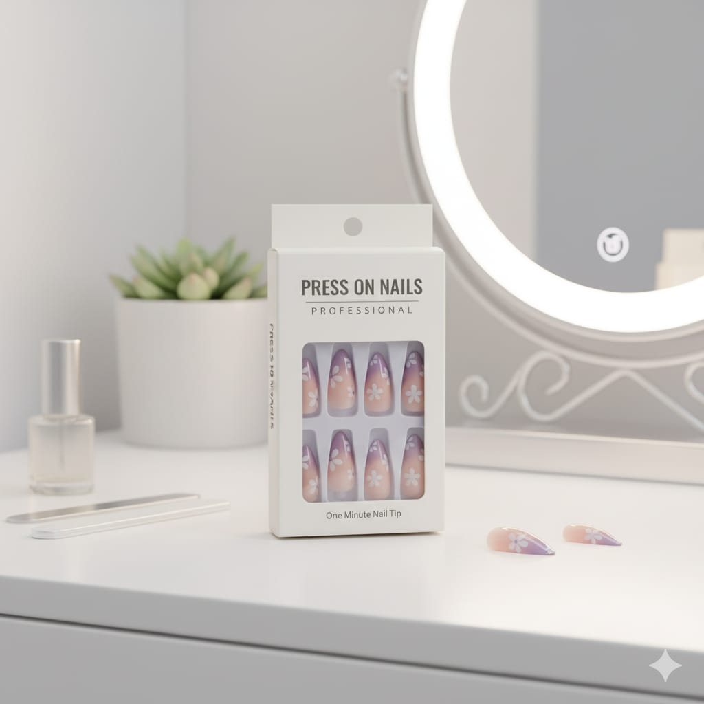 Purple Ombre Press-On Nails with Floral Design - Professional One Minute