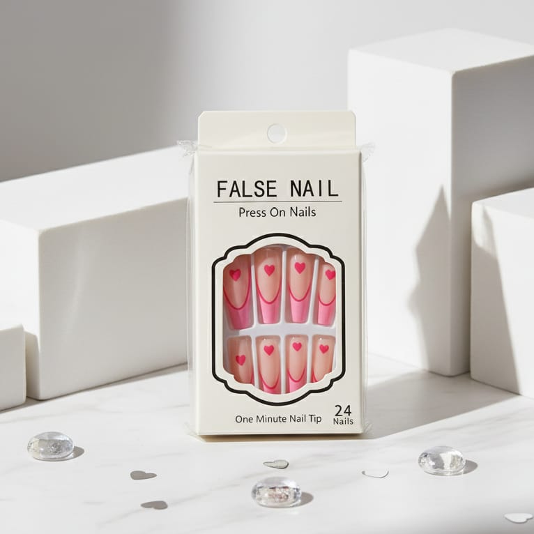 Pink Press-On Nails with Hearts - 24 Pieces Romantic Nail Art
