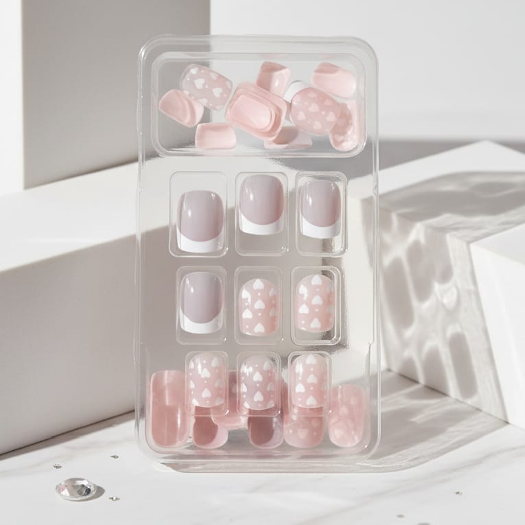 Pink Press-On Nails with Hearts & Flowers - Romantic Nail Art Set