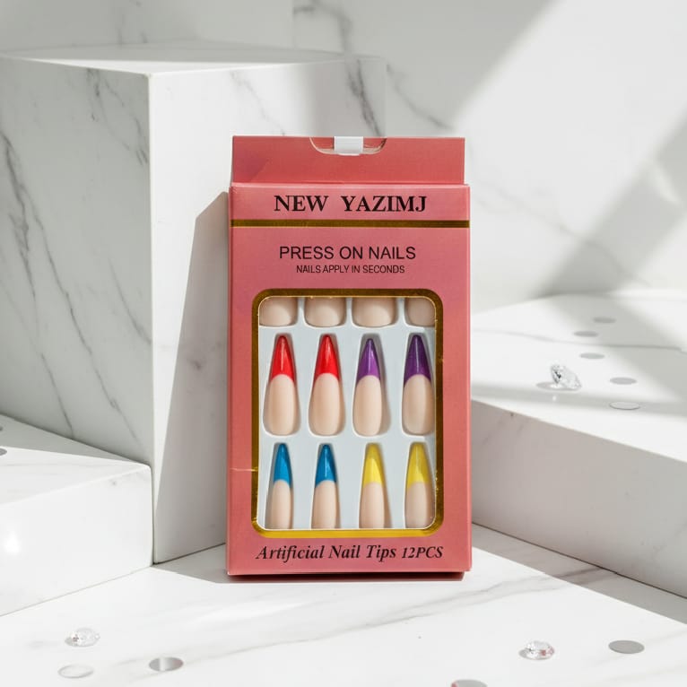 Colorful French Tip Press-On Nails - 12 Pieces Rainbow Tips