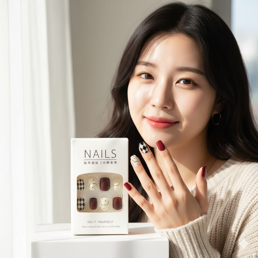 Burgundy & Geometric Press-On Nails - 24 Pieces Elegant Design