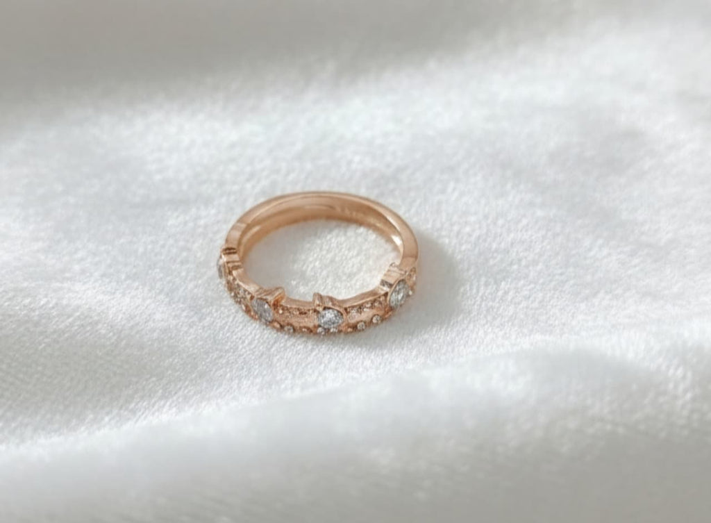 Rose Gold Crystal Ring - Delicate Stackable Band with Stones