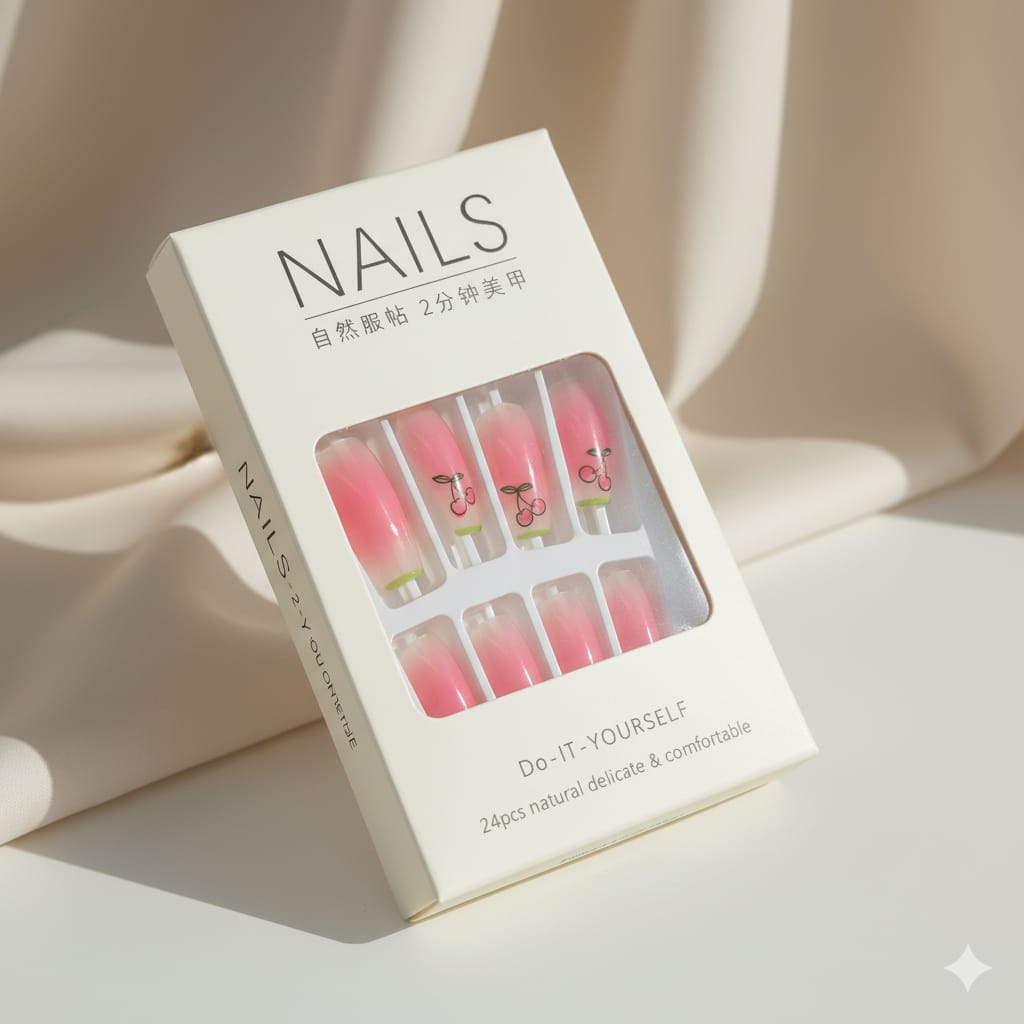 Pink Ombre Press-On Nails with Cherry Design - 24 Pieces Natural
