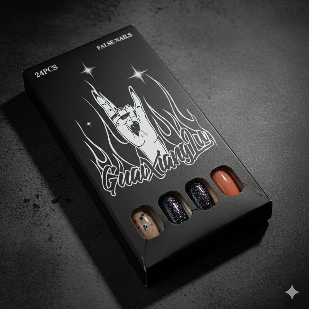 Rock & Roll Press-On Nails - 24 Pieces Black Glitter & Nude Set