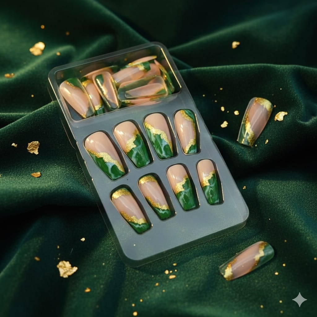 Emerald Green & Nude Press-On Nails with Gold Foil - Luxury Set