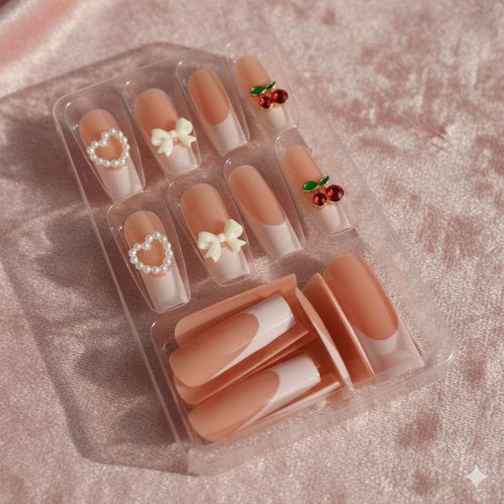 Press-On Nails with Cherry, Bow & Pearl Hearts - Cute Set