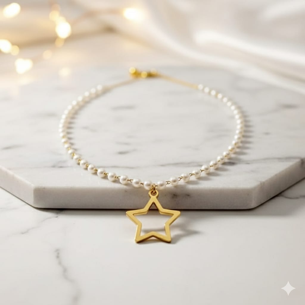 Gold Star Pendant Pearl Necklace - Delicate Beaded Chain