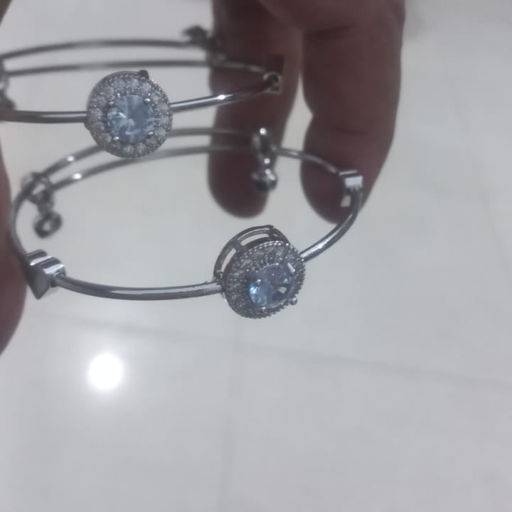 Stainless Steel light sky Blue Stone Bangle Pair - Adjustable Crystal Halo Bangles Set