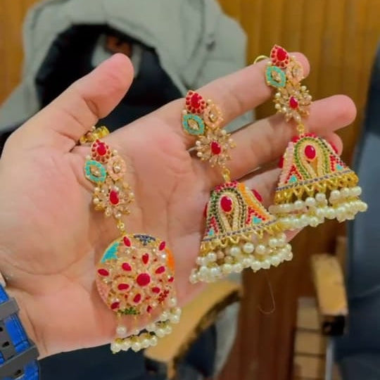 "Gold Jhumka and Tikka Set with Colorful Gemstones