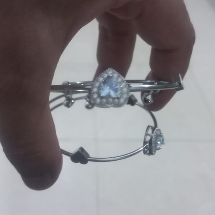 Gold Stainless Steel Light Blue Stone Bangle Pair