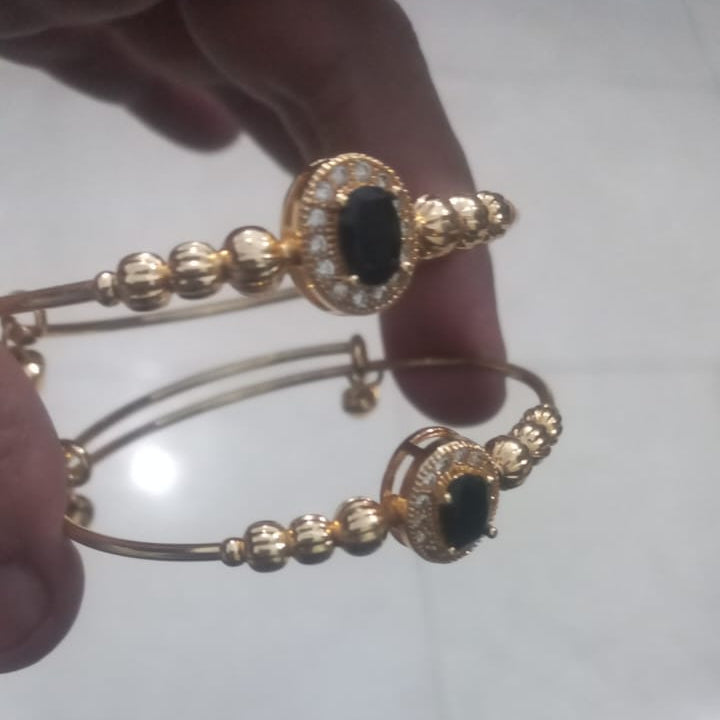 Gold Stainless Steel Black Oval Stone Bangle Pair