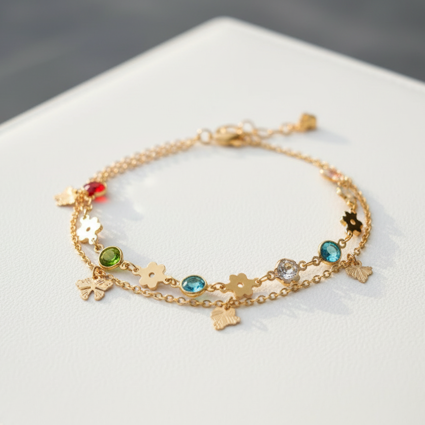 Gold Anklet with Colorful Crystal Charms - Playful Chain Anklet