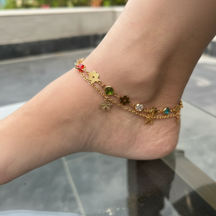 Gold Anklet with Colorful Crystal Charms - Playful Chain Anklet