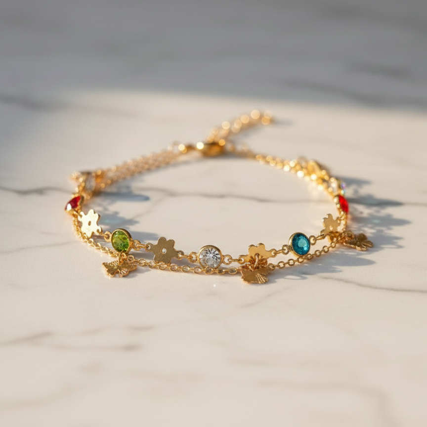 Gold Anklet with Colorful Crystal Charms - Playful Chain Anklet