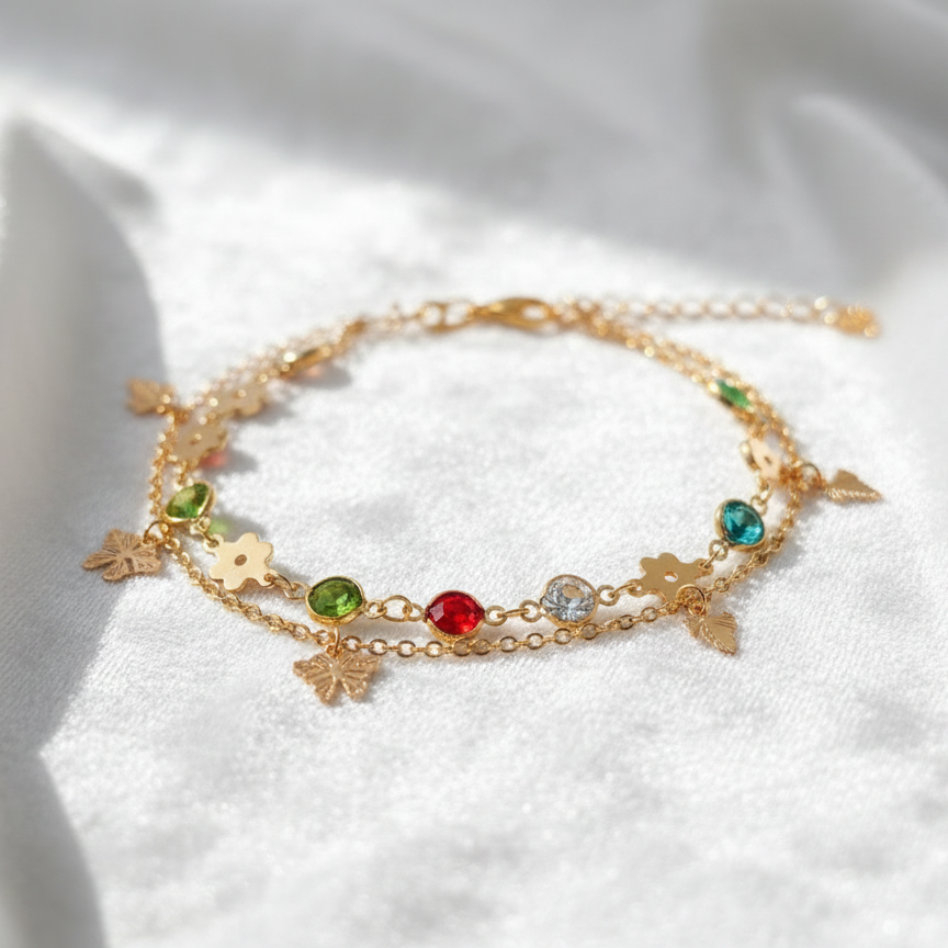Gold Anklet with Colorful Crystal Charms - Playful Chain Anklet