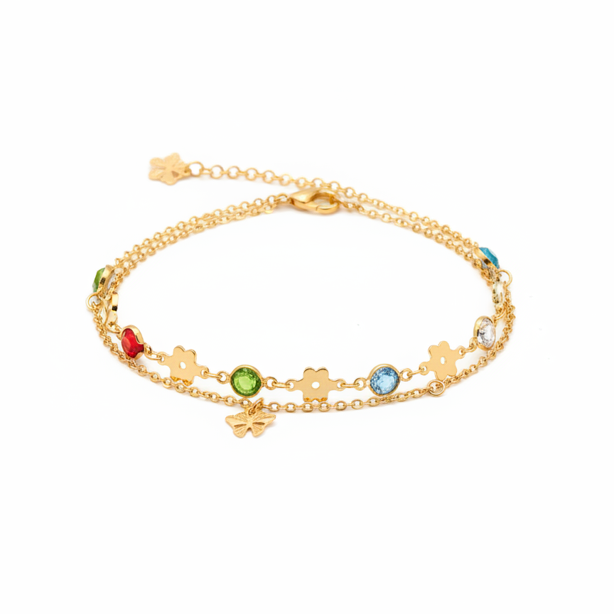 Gold Anklet with Colorful Crystal Charms - Playful Chain Anklet