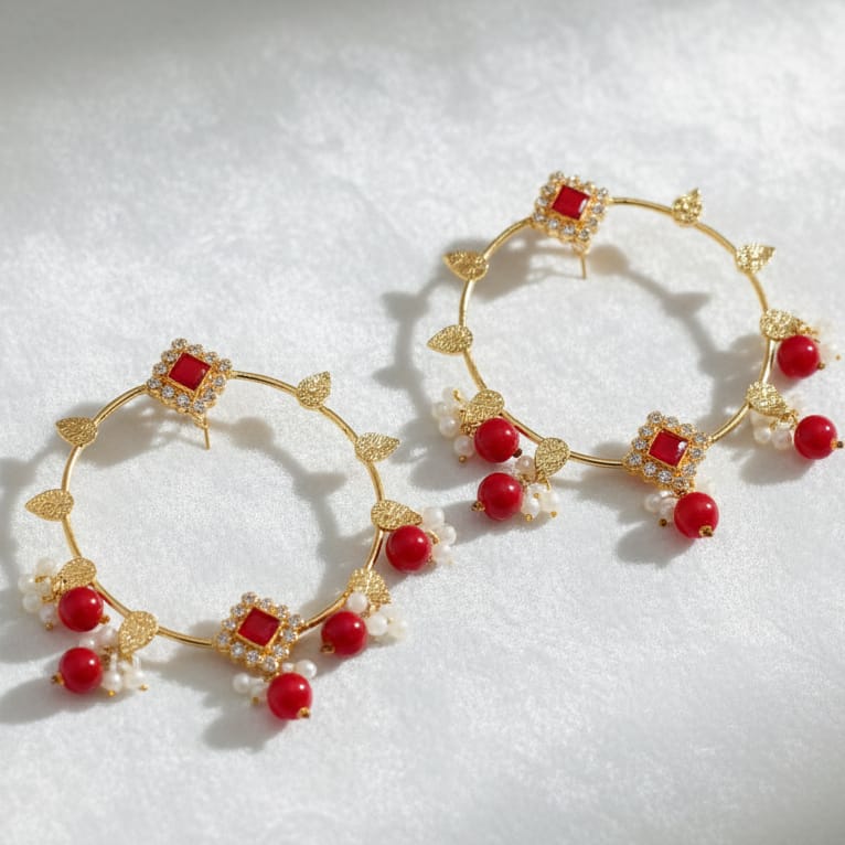 Gold Hoop Earrings with Red Beads and Pearls - Traditional Pakistani Jewelry
