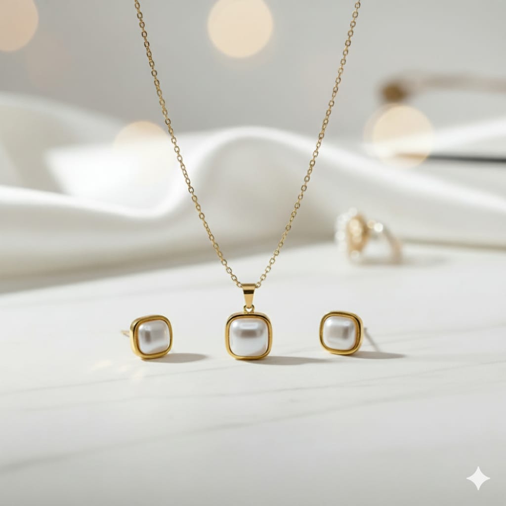 Gold Pearl Jewelry Set - Necklace & Earrings