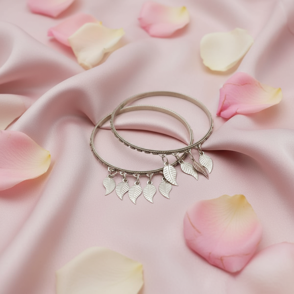 Handcrafted Stainless Steel Bangles with Leaf