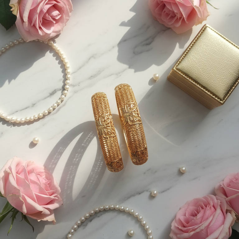 Textured Gold Mesh Bangles Pair with Floral Accents - Bridal Jewelry