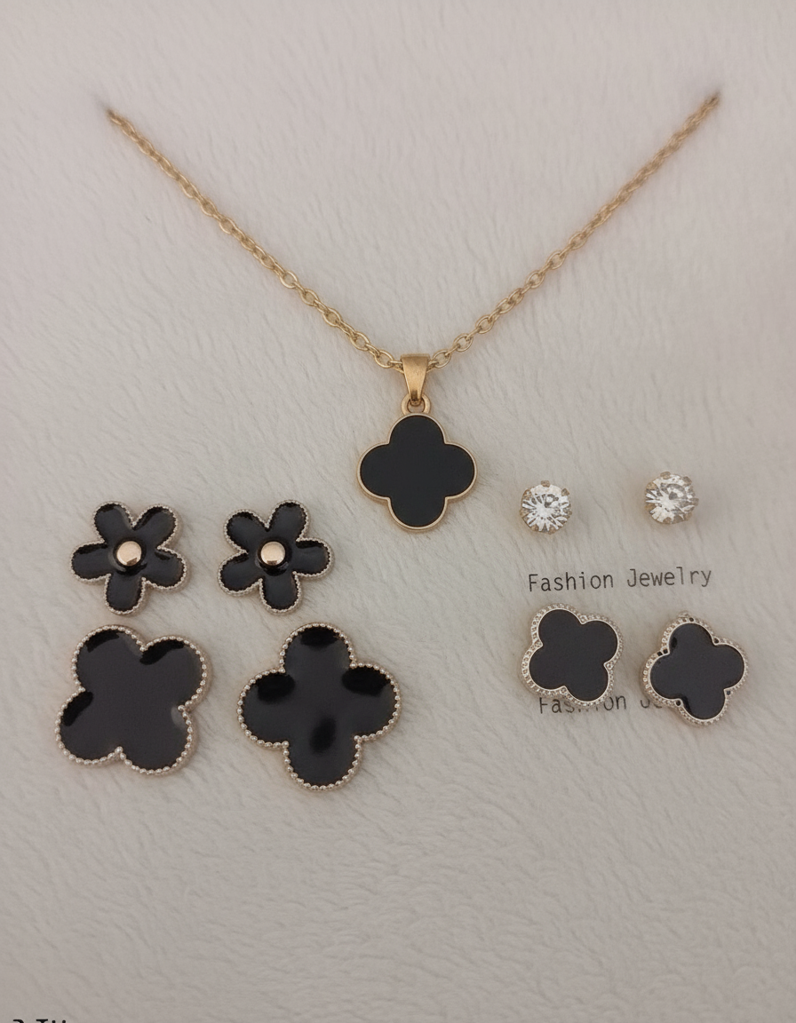 Black Clover Jewelry Set - Gold Chain Necklace with Quatrefoil Pendant & 8 Stud Earrings