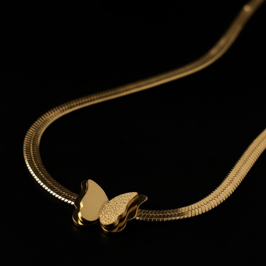 Gold Butterfly Necklace - Herringbone Chain Pendant