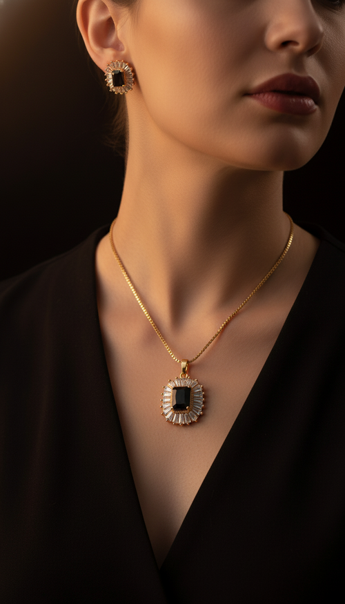 Black Stone Jewelry Set with Crystal Accents
