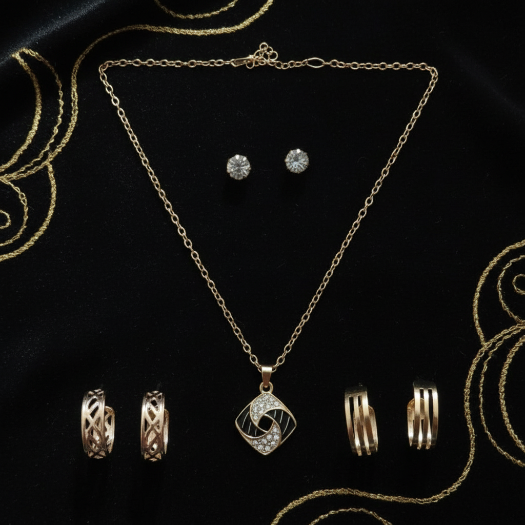 Diamond Crystal Jewelry Set - Gold Necklace & Earrings Collection