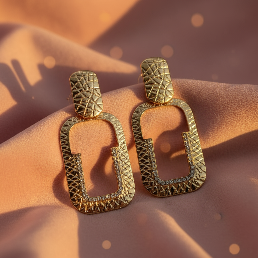 Gold Rectangle Drop Earrings with Crystals - Statement Hoop Earrings for Women