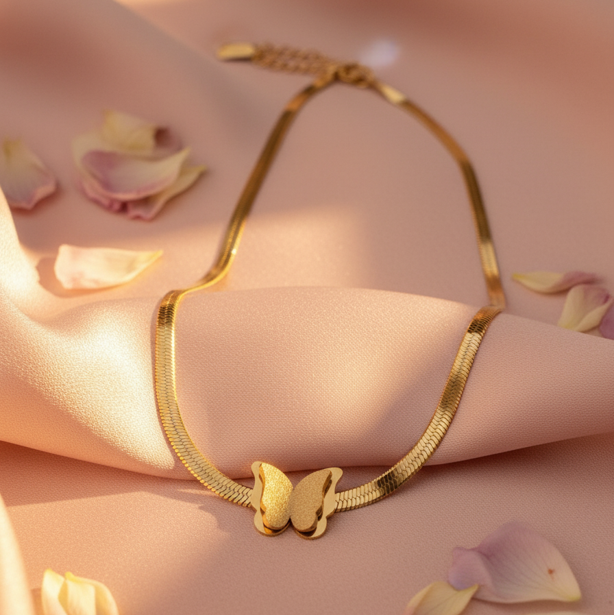 Gold Butterfly Necklace - Herringbone Chain Pendant