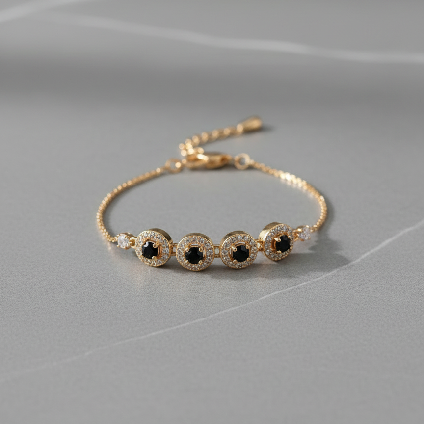 Gold Bracelet with Black Crystal Stones - Elegant Chain Bracelet