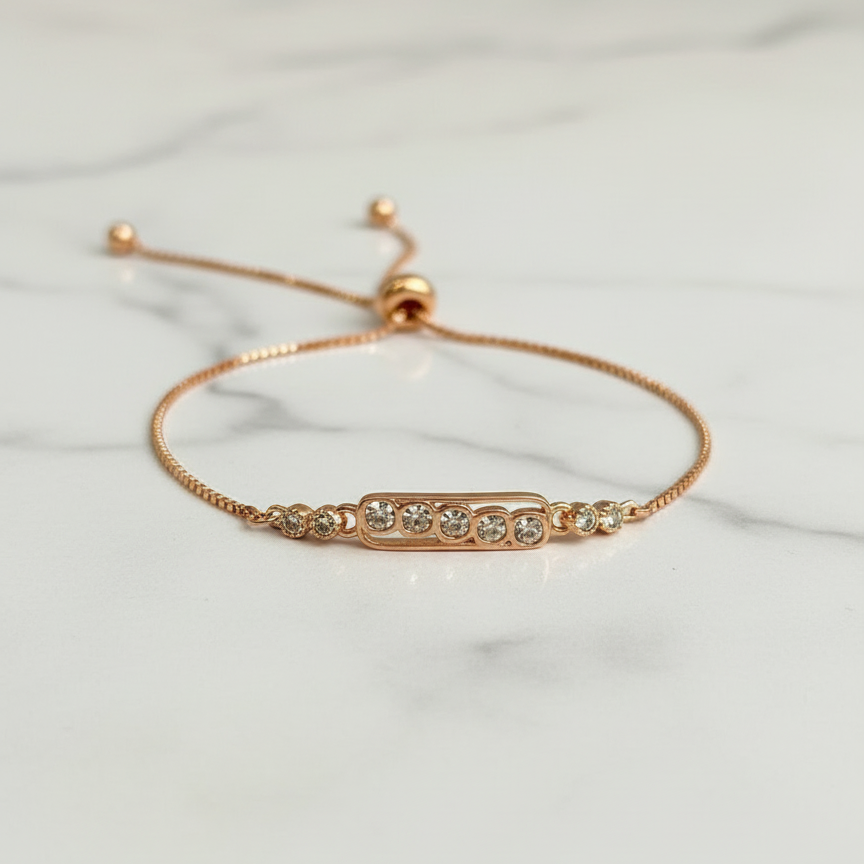 Rose Gold Crystal Bar Bracelet - Delicate Chain Bracelet with Sparkle