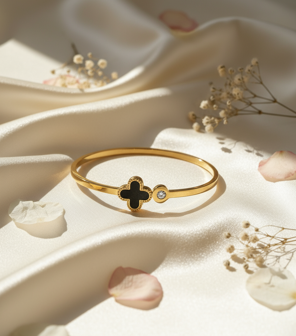 Gold Clover Bangle Bracelet - Black Quatrefoil Charm with Crystal Accent