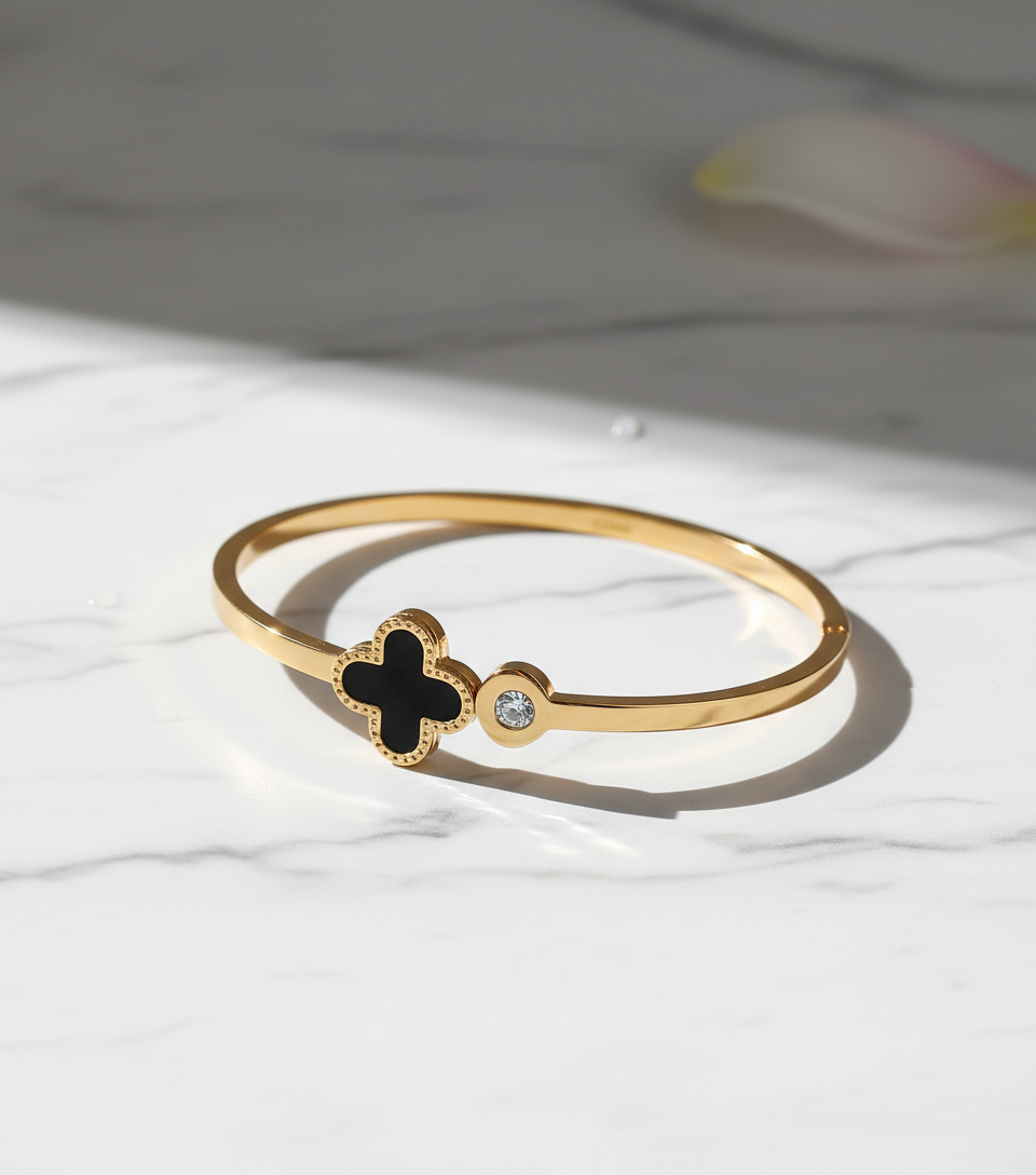 Gold Clover Bangle Bracelet - Black Quatrefoil Charm with Crystal Accent