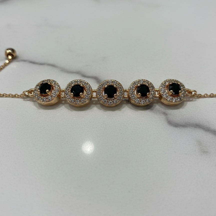 Gold Bracelet with Black Crystal Stones - Elegant Chain Bracelet