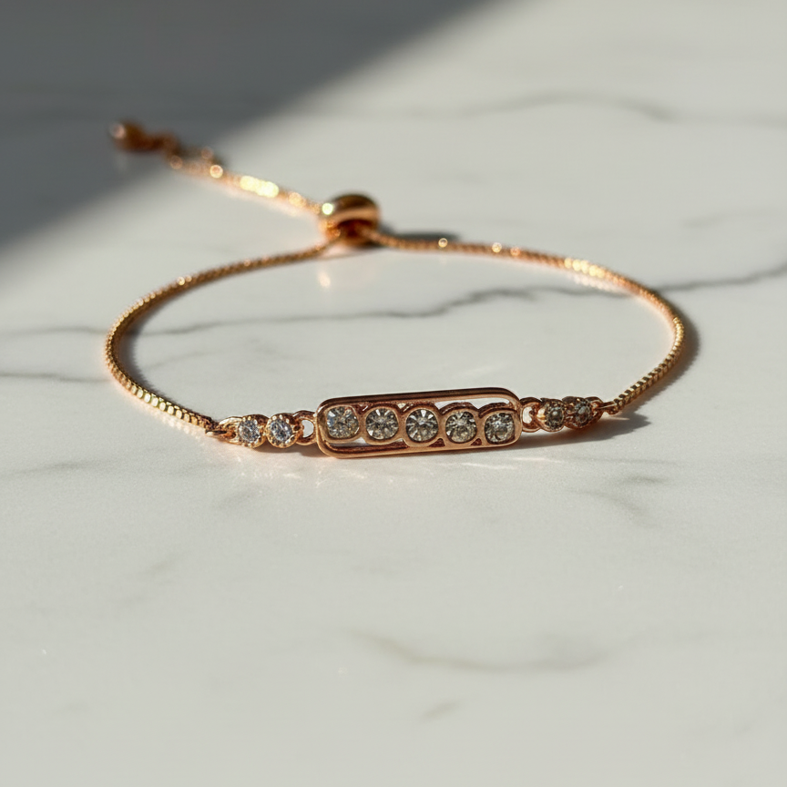 Rose Gold Crystal Bar Bracelet - Delicate Chain Bracelet with Sparkle