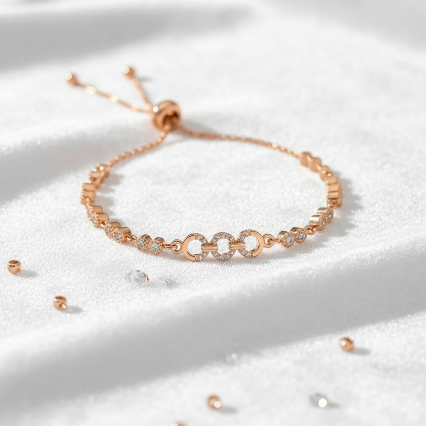 Rose Gold Circular Link Bracelet - Adjustable Chain Bracelet