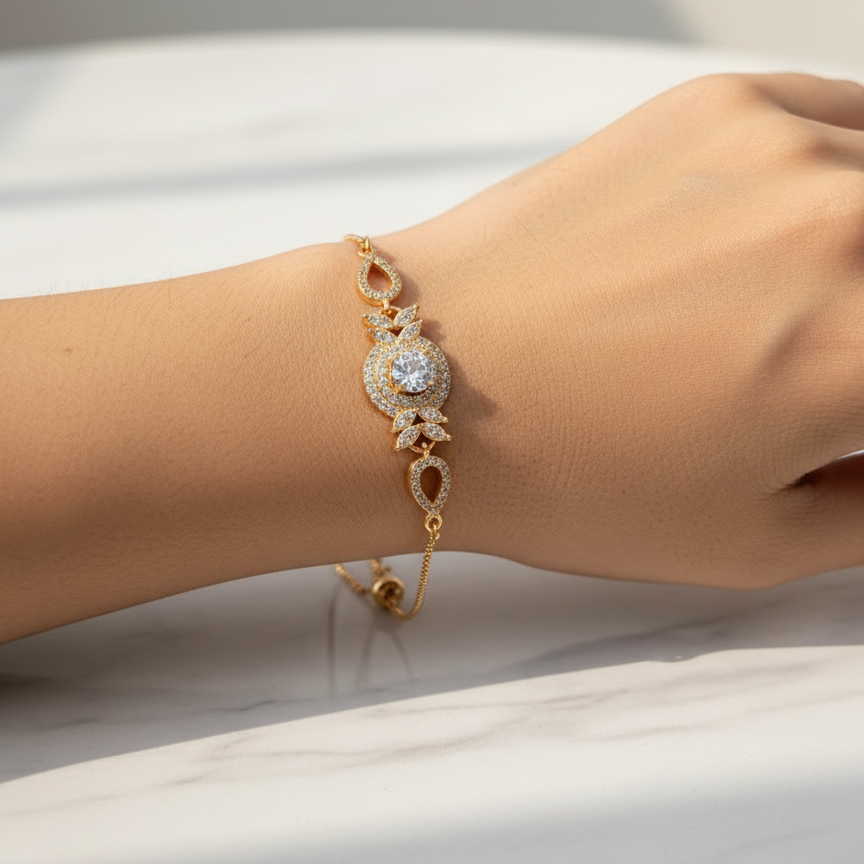 Gold Crystal Floral Bracelet - Adjustable Chain with Sparkling Centerpiece