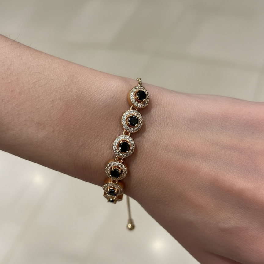 Gold Bracelet with Black Crystal Stones - Elegant Chain Bracelet